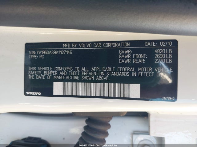 2010 Volvo S80 3.2 მანქანა იყიდება აუქციონზე, vin: YV1960AS9A1127146, აუქციონის ნომერი: 45720002