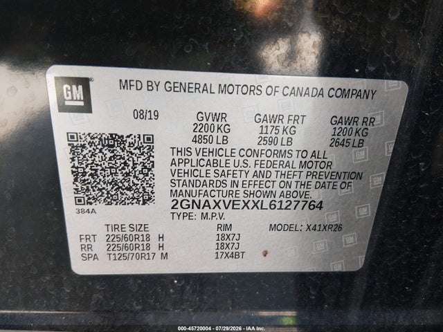 Продаж на аукціоні авто 2020 Chevrolet Equinox Awd Lt 2.0l Turbo, vin: 2GNAXVEXXL6127764, номер лоту: 45720004