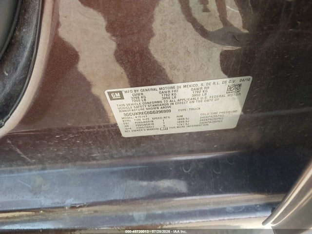 45720013 :رقم المزاد ، 3GCUKREC6GG296909 vin ، 2016 Chevrolet Silverado 1500 Lt مزاد بيع
