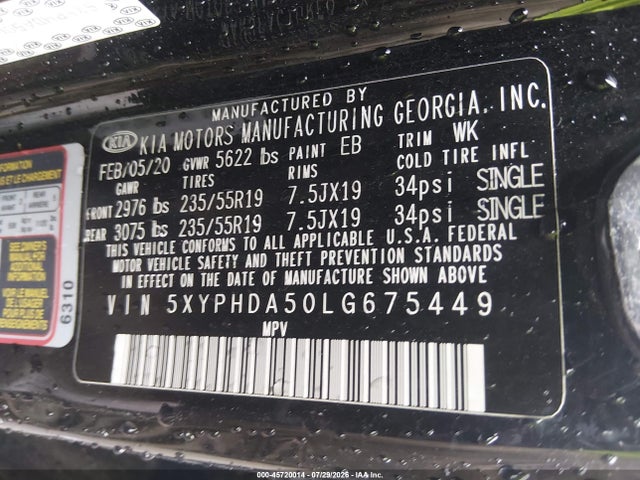 Auction sale of the 2020 Kia Sorento 3.3l Ex, vin: 5XYPHDA50LG675449, lot number: 45720014