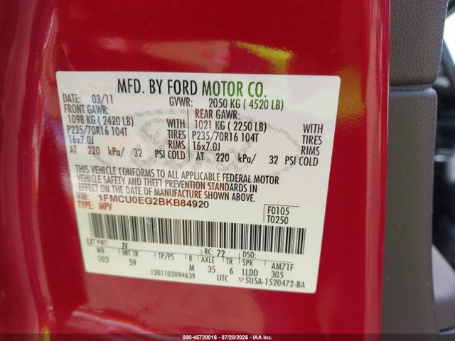Aukcja sprzedaży 2011 Ford Escape Limited, vin: 1FMCU0EG2BKB84920, numer aukcji: 45720016