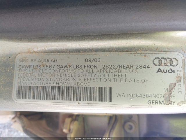 45720018 :رقم المزاد ، WA1YD64B84N026385 vin ، 2004 Audi Allroad 2.7t مزاد بيع
