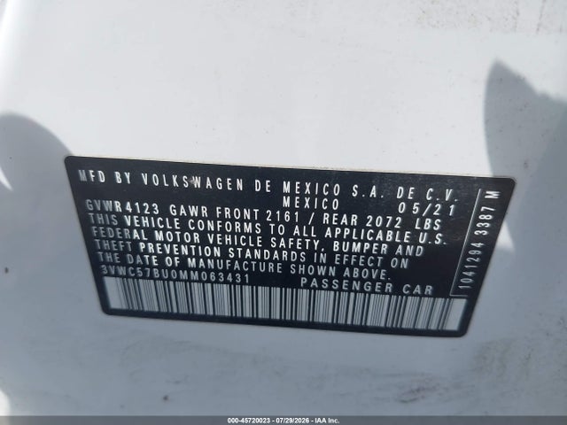 2021 Volkswagen Jetta 1.4t R-line/1.4t Se/s მანქანა იყიდება აუქციონზე, vin: 3VWC57BU0MM063431, აუქციონის ნომერი: 45720023