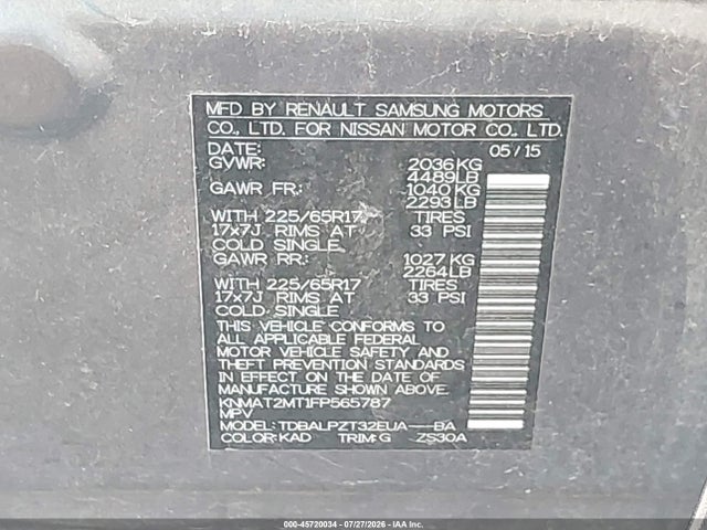 45720034 :رقم المزاد ، KNMAT2MT1FP565787 vin ، 2015 Nissan Rogue S مزاد بيع