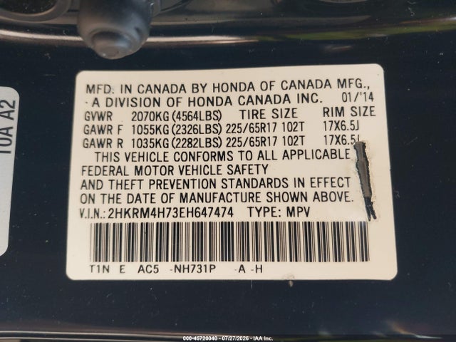 45720040 :رقم المزاد ، 2HKRM4H73EH647474 vin ، 2014 Honda Cr-v Ex-l مزاد بيع