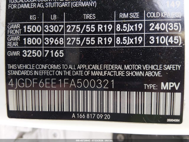 45720042 :رقم المزاد ، 4JGDF6EE1FA500321 vin ، 2015 Mercedes-benz Gl 450 4matic مزاد بيع