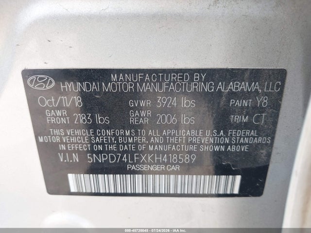 45720045 :رقم المزاد ، 5NPD74LFXKH418589 vin ، 2019 Hyundai Elantra Se مزاد بيع
