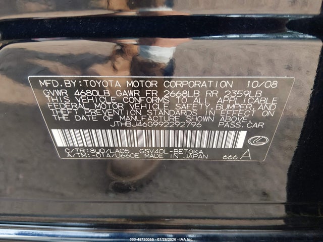 Aukcja sprzedaży 2009 Lexus Es 350, vin: JTHBJ46G992292796, numer aukcji: 45720055