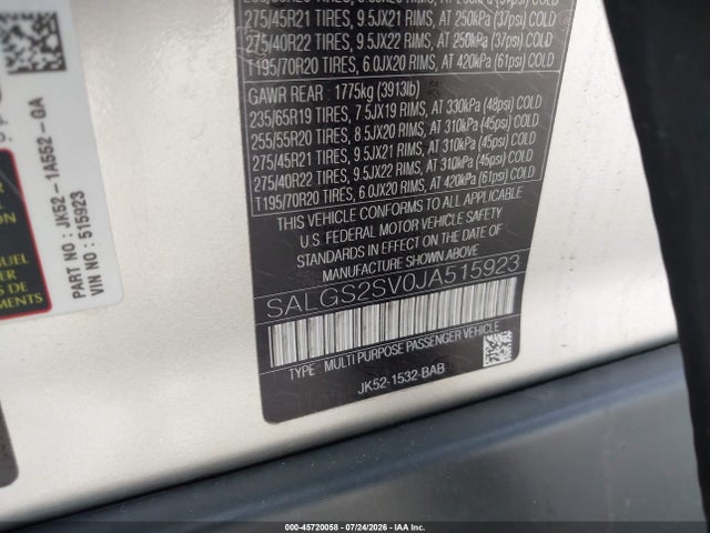 Aukcja sprzedaży 2018 Land Rover Range Rover 3.0l V6 Supercharged Hse, vin: SALGS2SV0JA515923, numer aukcji: 45720058