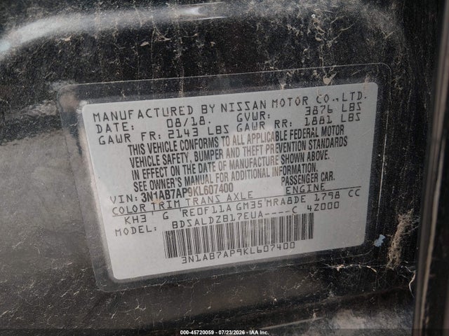 45720059 :رقم المزاد ، 3N1AB7AP9KL607400 vin ، 2019 Nissan Sentra Sv مزاد بيع