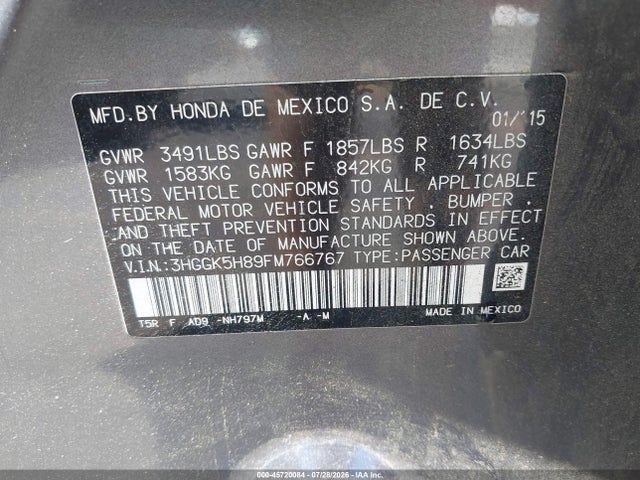 2015 Honda Fit Ex/ex-l მანქანა იყიდება აუქციონზე, vin: 3HGGK5H89FM766767, აუქციონის ნომერი: 45720084