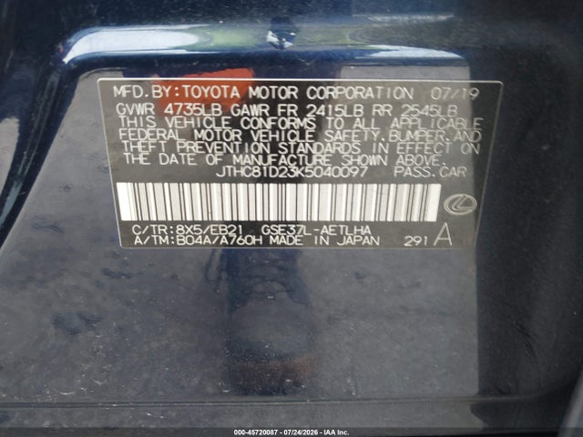 Auction sale of the 2019 Lexus Is 300, vin: JTHC81D23K5040097, lot number: 45720087