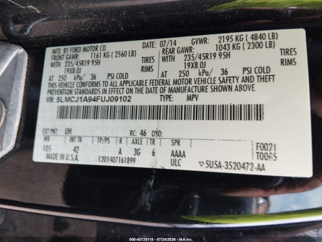 Aukcja sprzedaży 2015 Lincoln Mkc, vin: 5LMCJ1A94FUJ09102, numer aukcji: 45720118