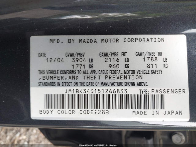 Aukcja sprzedaży 2005 Mazda Mazda3 Sp23, vin: JM1BK343151266833, numer aukcji: 45720142