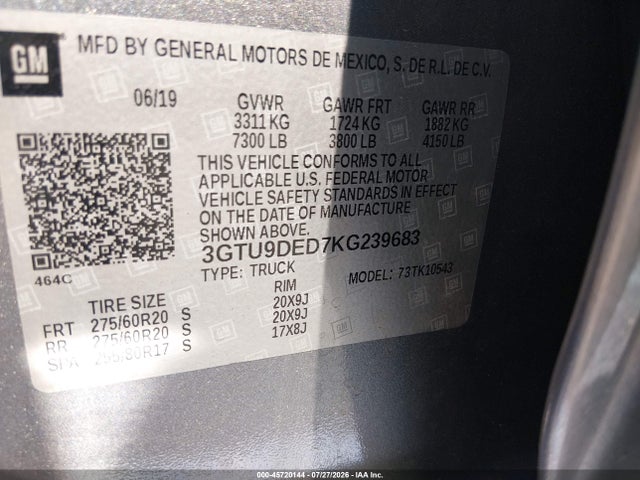 Продаж на аукціоні авто 2019 Gmc Sierra 1500 Slt, vin: 3GTU9DED7KG239683, номер лоту: 45720144