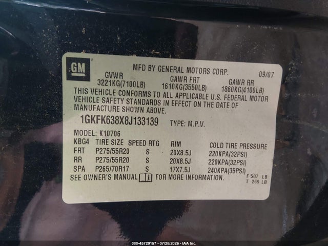 Продаж на аукціоні авто 2008 Gmc Yukon Denali, vin: 1GKFK638X8J133139, номер лоту: 45720157