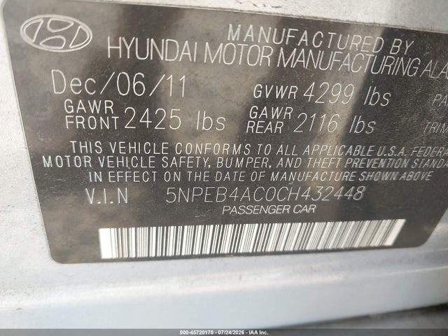 2012 Hyundai Sonata Gls მანქანა იყიდება აუქციონზე, vin: 5NPEB4AC0CH432448, აუქციონის ნომერი: 45720170