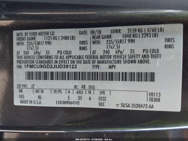 Продаж на аукціоні авто 2018 Ford Escape Se, vin: 1FMCU9GD2JUD39122, номер лоту: 45720174