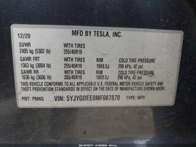 45720177 :رقم المزاد ، 5YJYGDEE0MF087870 vin ، 2021 Tesla Model Y Long Range Dual Motor All-wheel Drive مزاد بيع