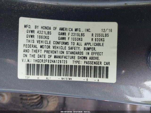 Продаж на аукціоні авто 2017 Honda Accord Ex-l, vin: 1HGCR2F92HA129725, номер лоту: 45720185
