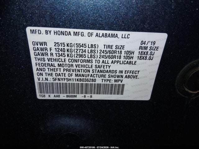 Honda PILOT LX 2019 5FNYF5H11KB036280 Image 9