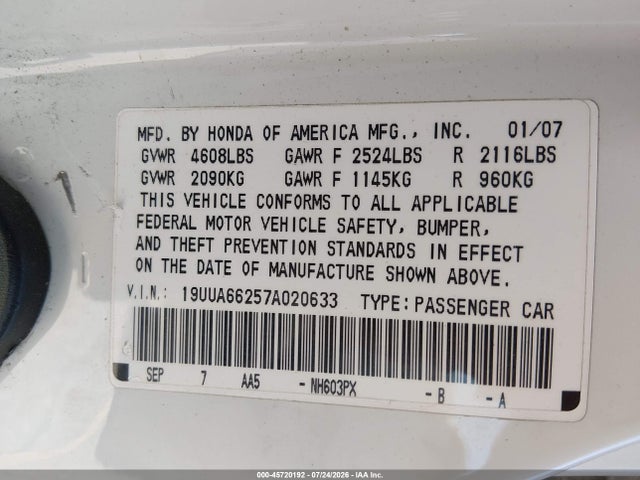 Продаж на аукціоні авто 2007 Acura Tl 3.2, vin: 19UUA66257A020633, номер лоту: 45720192