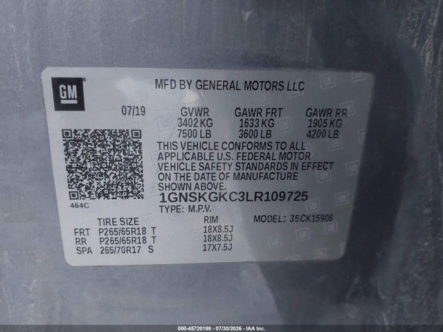 Aukcja sprzedaży 2020 Chevrolet Suburban 4wd Ls, vin: 1GNSKGKC3LR109725, numer aukcji: 45720198