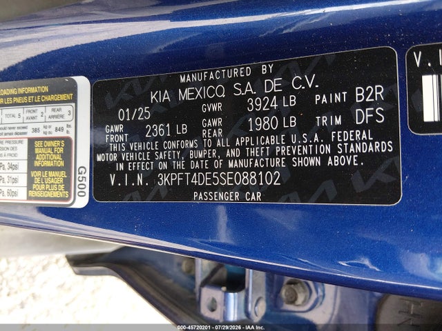 Aukcja sprzedaży 2025 Kia K4 Lxs, vin: 3KPFT4DE5SE088102, numer aukcji: 45720201