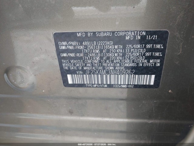 Auction sale of the 2022 Subaru Forester Wilderness, vin: JF2SKAMC3NH409262, lot number: 45720205