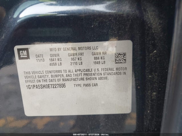 2014 Chevrolet Cruze Ls Auto მანქანა იყიდება აუქციონზე, vin: 1G1PA5SH0E7227806, აუქციონის ნომერი: 45720211
