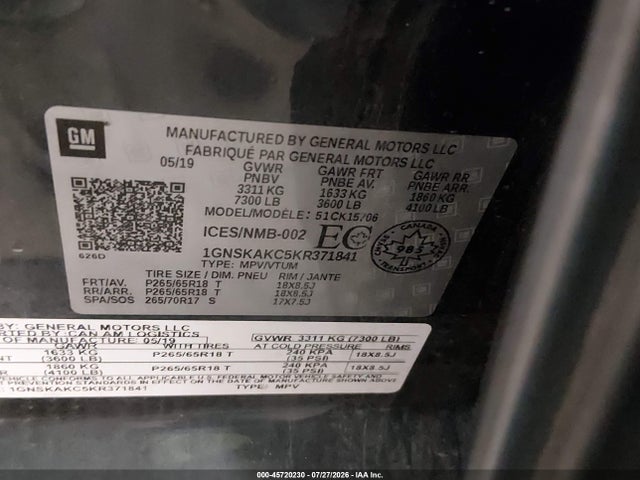 45720230 :رقم المزاد ، 1GNSKAKC5KR371841 vin ، 2019 Chevrolet Tahoe Ls مزاد بيع