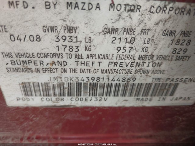 Aukcja sprzedaży 2008 Mazda Mazda3 S Sport, vin: JM1BK343981144869, numer aukcji: 45720253