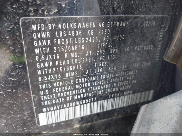 Aukcja sprzedaży 2016 Volkswagen Tiguan S, vin: WVGAV7AX8GW589277, numer aukcji: 45720255