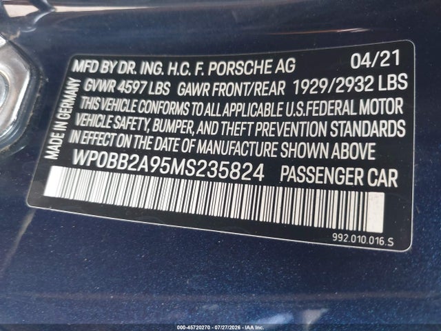 Продаж на аукціоні авто 2021 Porsche 911 Targa 4s/targa 4s Heritage Design Edition, vin: WP0BB2A95MS235824, номер лоту: 45720270