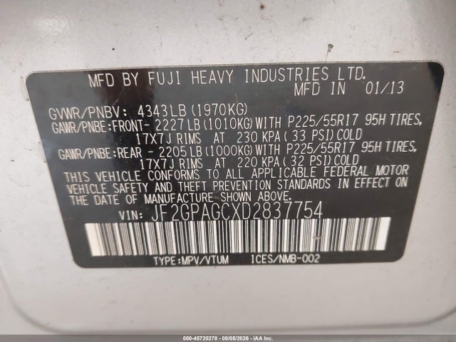 45720278 :رقم المزاد ، JF2GPAGCXD2837754 vin ، 2013 Subaru Xv Crosstrek 2.0i Limited مزاد بيع