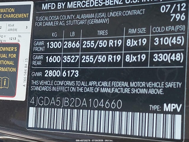 Продажа на аукционе авто 2013 Mercedes-benz Ml 350, vin: 4JGDA5JB2DA104660, номер лота: 45720279