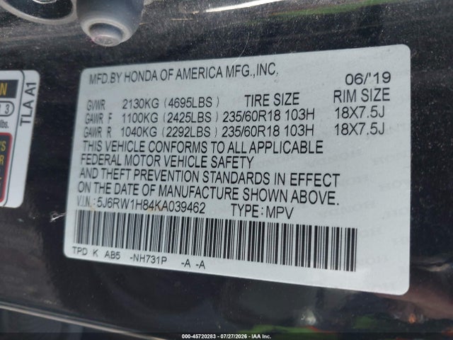 45720283 :رقم المزاد ، 5J6RW1H84KA039462 vin ، 2019 Honda Cr-v Ex-l مزاد بيع