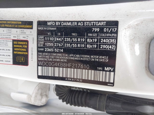 45720289 :رقم المزاد ، WDC0G4KB8HF217610 vin ، 2017 Mercedes-benz Glc 300 4matic مزاد بيع