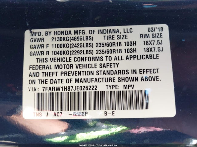 7FARW1H87JE026222 Honda Cr-v Ex-l/ex-l Navi