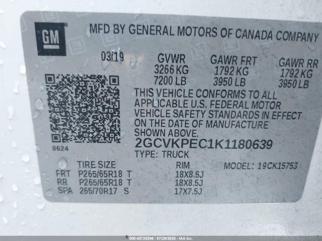45720296 :رقم المزاد ، 2GCVKPEC1K1180639 vin ، 2019 Chevrolet Silverado 1500 Ld Lt مزاد بيع