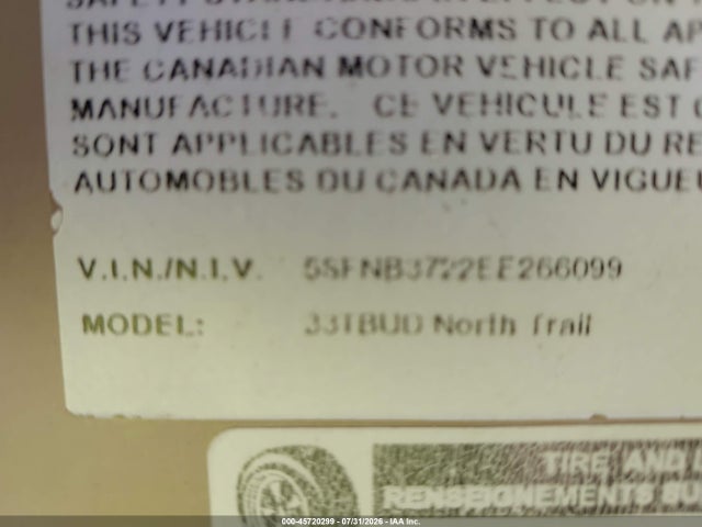Aukcja sprzedaży 2014 Heartland North Trail Travel Trailer, vin: 5SFNB3722EE266099, numer aukcji: 45720299