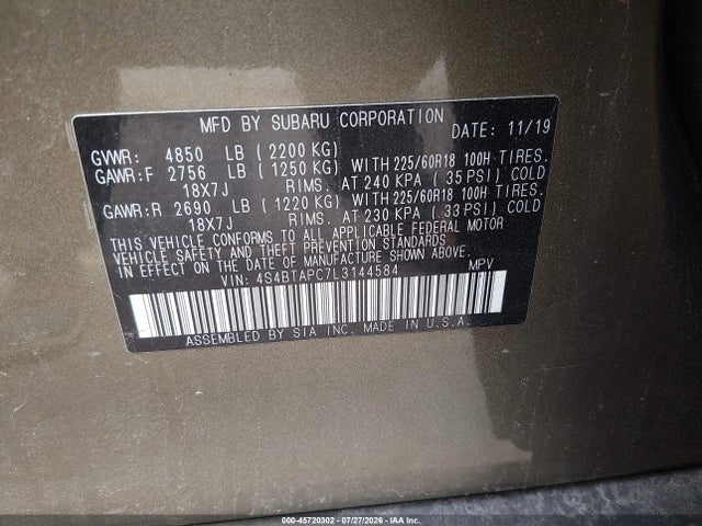 45720302 :رقم المزاد ، 4S4BTAPC7L3144584 vin ، 2020 Subaru Outback Touring مزاد بيع