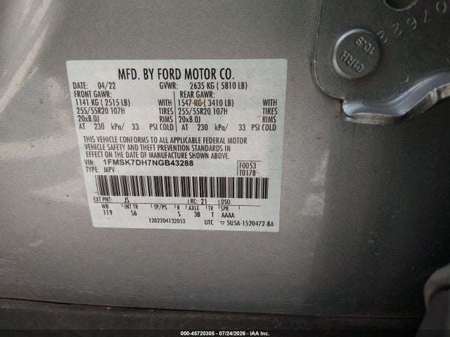 Продаж на аукціоні авто 2022 Ford Explorer Xlt, vin: 1FMSK7DH7NGB43288, номер лоту: 45720305