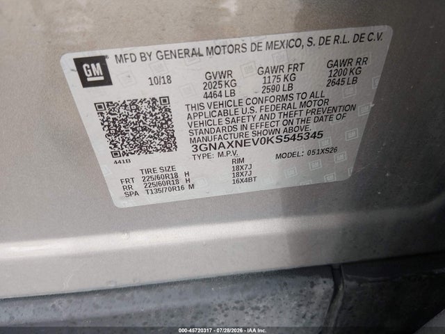2019 Chevrolet Equinox Premier მანქანა იყიდება აუქციონზე, vin: 3GNAXNEV0KS545345, აუქციონის ნომერი: 45720317