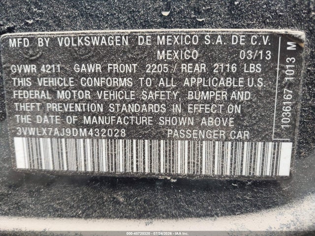 2013 Volkswagen Jetta 2.5l Sel მანქანა იყიდება აუქციონზე, vin: 3VWLX7AJ9DM432028, აუქციონის ნომერი: 45720320