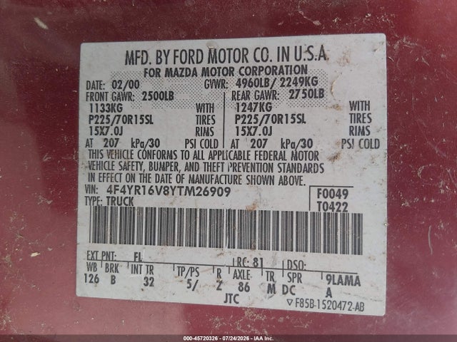 Aukcja sprzedaży 2000 Mazda B3000 Se/tl, vin: 4F4YR16V8YTM26909, numer aukcji: 45720326