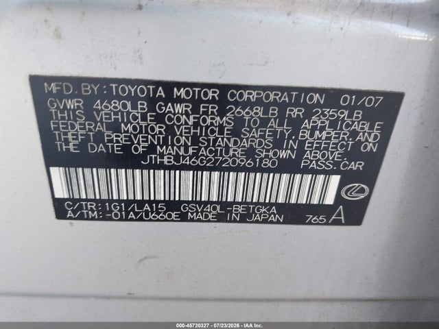 Продаж на аукціоні авто 2007 Lexus Es 350, vin: JTHBJ46G272096180, номер лоту: 45720327