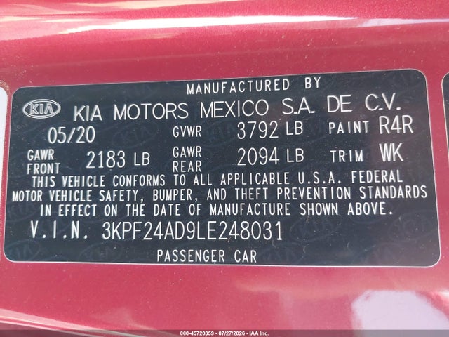 Aukcja sprzedaży 2020 Kia Forte Lxs, vin: 3KPF24AD9LE248031, numer aukcji: 45720359