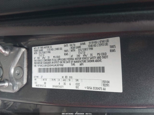 Продаж на аукціоні авто 2017 Ford Escape Se, vin: 1FMCU9GD0HUA30162, номер лоту: 45720362