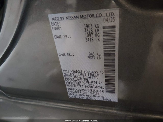 Продаж на аукціоні авто 2025 Nissan Altima Sv Fwd, vin: 1N4BL4DV8SN388426, номер лоту: 45720368